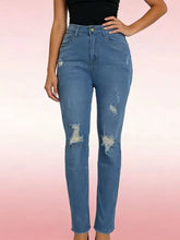 Blue high-waisted distressed jeans made of denim featuring ripped knees and a trendy worn look