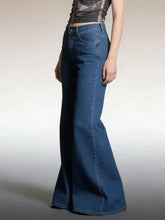 High-waisted blue denim flare leg jeans with classic five-pocket design and stitched detailing