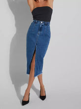 High-waisted mid-thigh length blue denim skirt with front slit and frayed hem stylish slit denim skirt