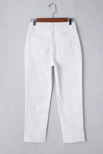 White high-waisted straight leg jeans with a minimalist design and classic back pockets showing the back side
