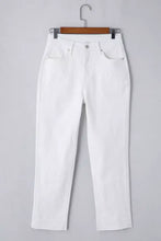 White denim high-waisted straight leg jeans with classic five-pocket design and clean straight leg cut