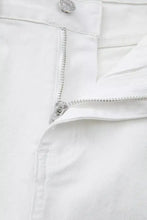 High-waisted white denim straight leg jeans with silver zipper and button in a straight leg cut design