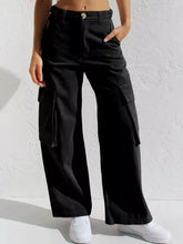 Black high-waisted wide leg cargo jeans made of sturdy fabric with multiple side pockets and wide leg design