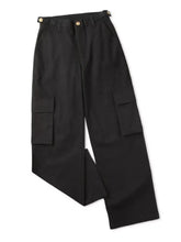Black high-waisted wide leg cargo jeans with gold-tone buttons and large side pockets in durable fabric