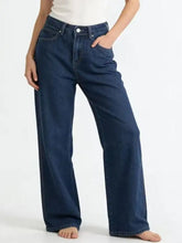 Dark blue denim high-waisted wide leg jeans with a wide leg cut for stylish casual wear