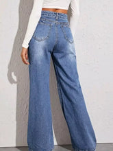 Blue denim high-waisted wide leg jeans with classic five-pocket design perfect for casual wear