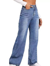 High-waisted blue denim wide leg jeans with a wide-leg cut and frayed hems perfect for casual wear