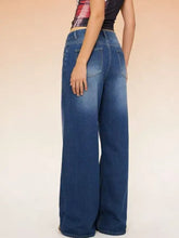 High-waisted blue denim wide leg jeans with faded wash and classic back pockets shown from the back side