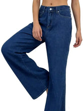 Dark blue denim high-waisted wide leg jeans with classic stitching and flare design