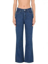 Dark blue denim high waisted wide leg jeans with classic five pocket design and flare style