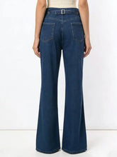 High-waisted dark blue denim wide leg jeans with belt loops and a silver-toned buckle detail