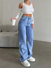 Light-wash blue high-waisted wide leg jeans with classic five-pocket design and frayed hem in denim material
