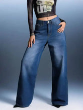 High-waisted wide leg jeans in medium blue denim with classic stitching and button closure for stylish wear