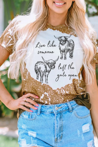 Highland Cow Distressed Graphic Tee for Women Camel