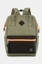 Himawari contrast waterproof backpack in olive green with black and orange accents, reinforced edges