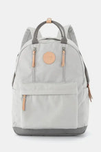 Himawari waterproof backpack in light gray with tan leather accents and multilayer pockets