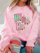 Pink slightly stretchy ho ho ho christmas tree graphic pullover sweatshirt with festive hii design machine wash care instructions