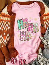 Pink slightly stretchy ho ho ho christmas tree graphic pullover sweatshirt with teal pink and green festive designs machine wash care instructions