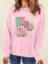 Pink slightly stretchy ho ho ho christmas tree graphic pullover sweatshirt with festive happy print and machine wash care instructions