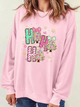 Pink long-sleeved ho ho ho christmas tree graphic pullover sweatshirt with slightly stretchy fabric and machine wash care instructions