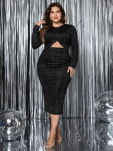 Honey Plus Size Cutout Slit Round Neck Long Sleeve Dress Black Cocktail Dress