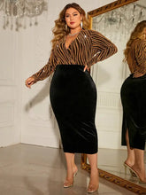 Honey Plus Size Surplice Neck Long Sleeve Slit Dress Black Cocktail Dress
