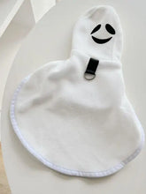 White hooded pet costume coat: plush ghost dog fleece with smiley face