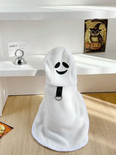 White polyester fleece hooded pet costume with black smiley face