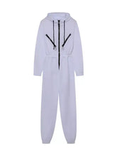 White hooded long sleeve jumpsuit with black zipper and drawstring details