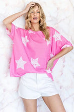 Hopely star pattern oversized waffle T-shirt in pink with white stars