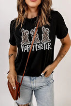 Hoppy Easter graphic tee with leopard print bunnies and short sleeves