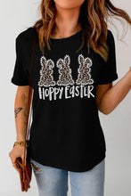 Black short-sleeve Hoppy Easter graphic tee with leopard print bunnies