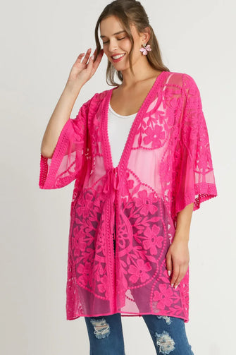 Hot Pink Floral Lace Kimono Cover-Up for Women Hot Pink