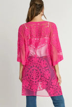 Hot pink floral lace kimono cover-up with waist tie for women