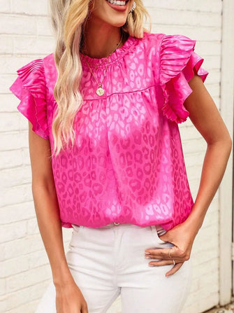 Hot Pink Leopard Print Ruffle Blouse for Women Fuchsia Pink