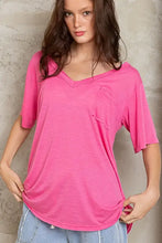 Hot pink loose fit V-neck T-shirt with chest pocket in knit slub fabric