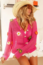 Hot pink open knit sweater cardigan with Bibi flower patches