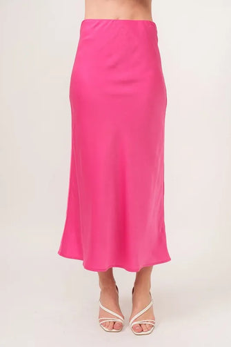 Hot Pink Solid Satin Midi Skirt for Women FUCHSIA