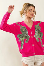 Pink v-neck sweater cardigan with tiger sequin patch