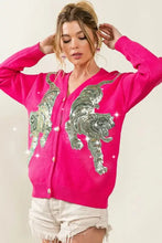 Hot pink v-neck sweater cardigan with tiger sequin patch