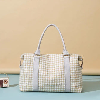 Houndstooth Canvas Duffel Bag with Leather Straps Medium Size Tan One Size Travel Bags