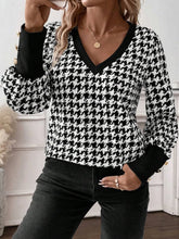 Houndstooth V Neck Sweater with Buttoned Cuffs Black