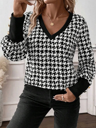 Houndstooth V Neck Sweater with Buttoned Cuffs Black