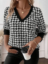 Houndstooth V Neck Sweater with Buttoned Cuffs