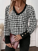 Houndstooth V Neck Sweater with Buttoned Cuffs