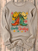 Beige ribbed long-sleeve sweatshirt with colorful howdy christmas cowboy boots graphic machine wash cold tumble dry low