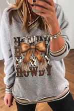 Gray howdy graphic v-neck sweatshirt with brown bow and cow print design machine wash cold for easy care