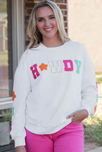 White HOWDY patch graphic round neck sweatshirt with colorful lettering and stars