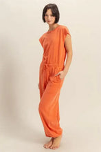 Vibrant orange HYFVE keyhole round neck cap sleeve jumpsuit back view