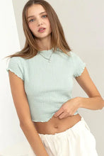 HYFVE Lettuce Hem Crop Top in light blue ribbed short-sleeve style